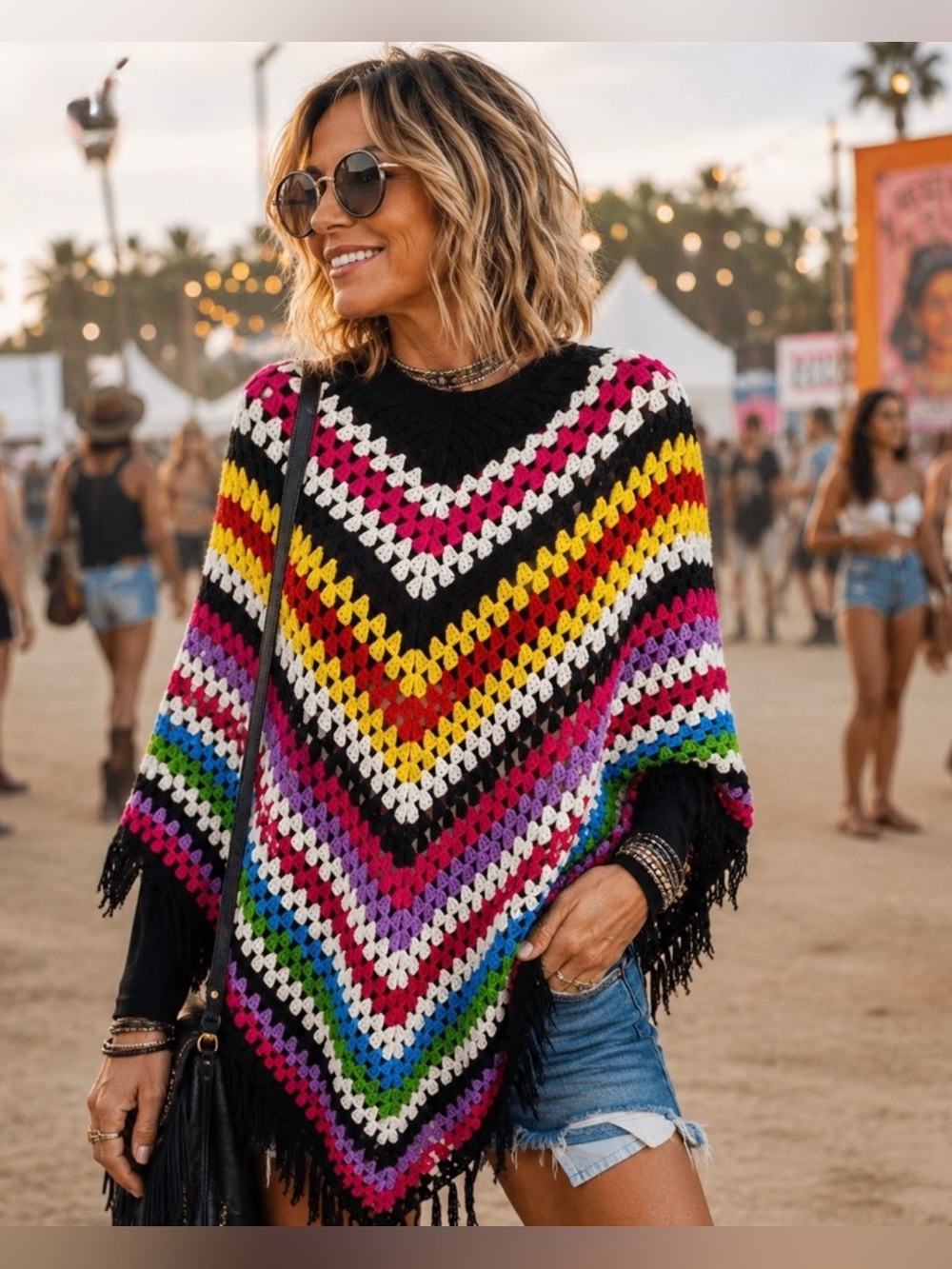 Boho Crocheted by hand Tamsy 
knit 100% Cotton Poncho-NWT 
Chevron design OSFM.